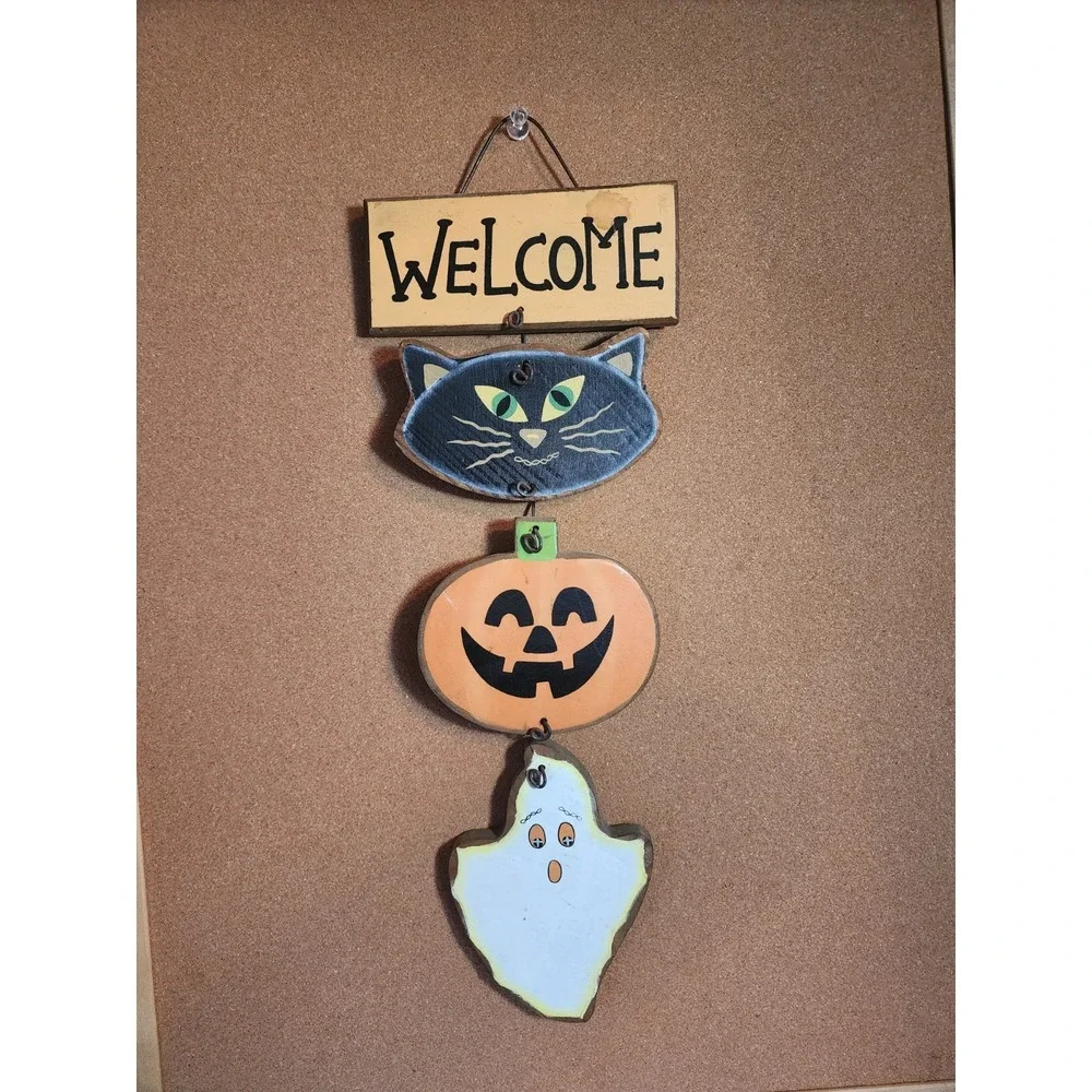 Festive Halloween‎ Welcome Sign Black Cat, Pumpkin, Ghost